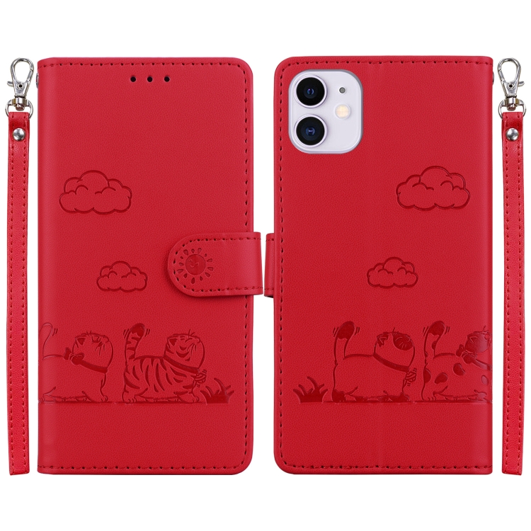 

For iPhone 11 Cute Cats RFID Leather Phone Case(Red)