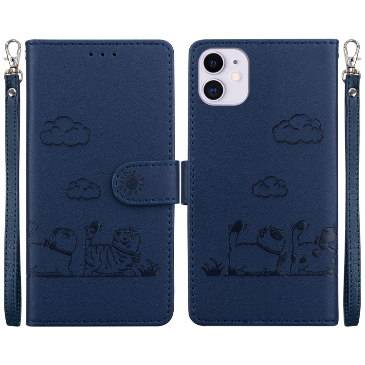 

For iPhone 11 Cute Cats RFID Leather Phone Case(Blue)
