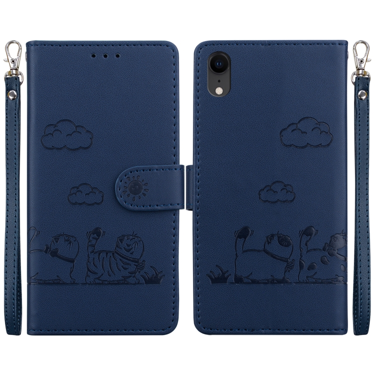 

For iPhone XR Cute Cats RFID Leather Phone Case(Blue)
