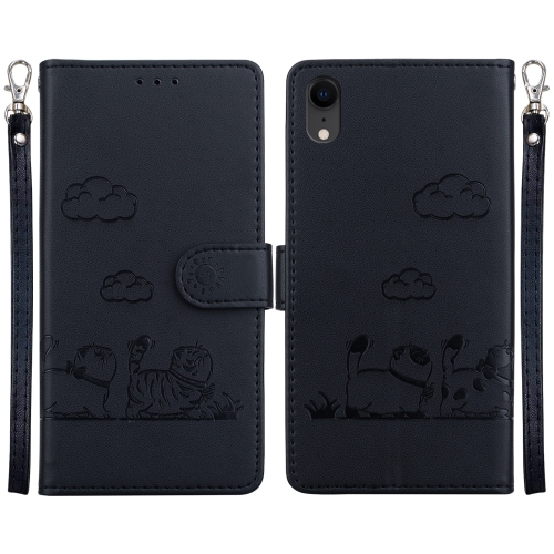 

For iPhone XR Cute Cats RFID Leather Phone Case(Black)