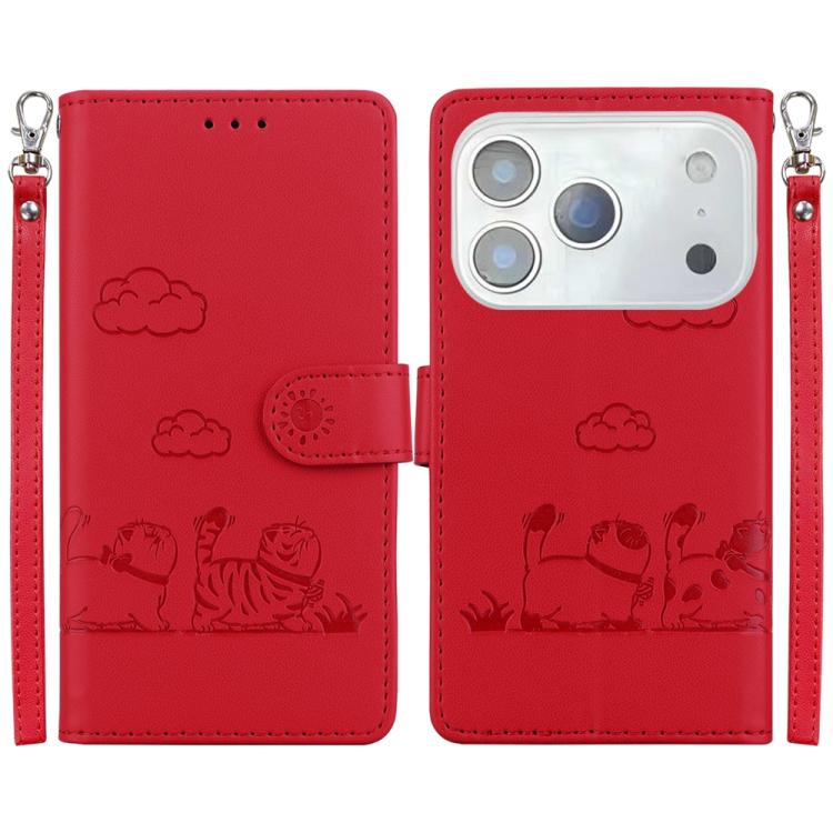 

For iPhone 17 Pro Cute Cats RFID Leather Phone Case(Red)