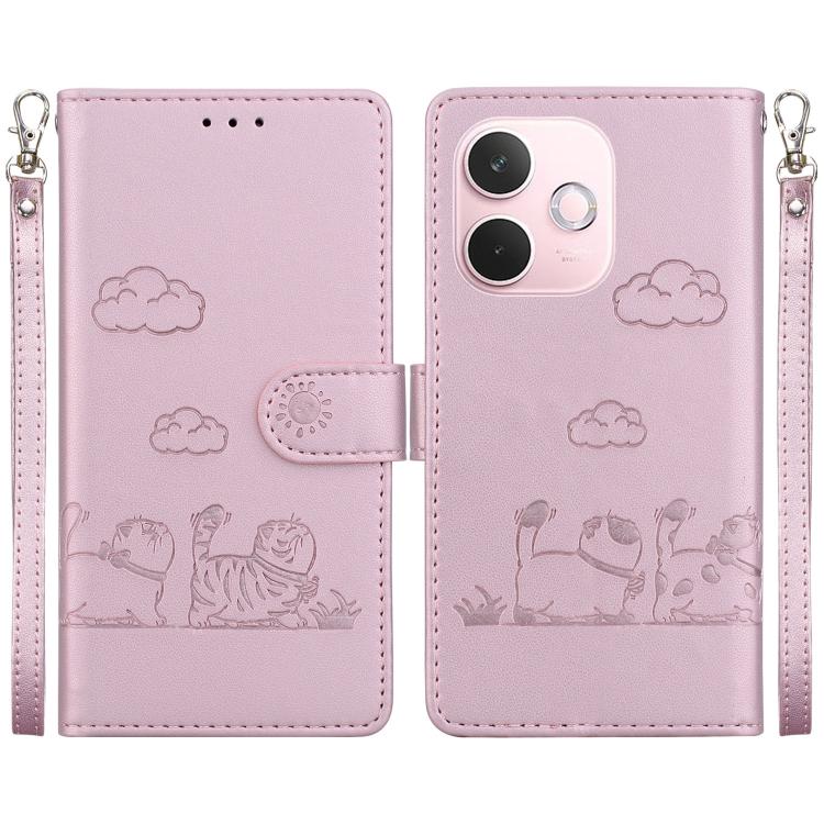 

For OPPO A5 Pro 5G Cute Cats RFID Leather Phone Case(Rose Gold)