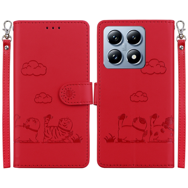 

For Xiaomi 14T Pro Cute Cats RFID Leather Phone Case(Red)
