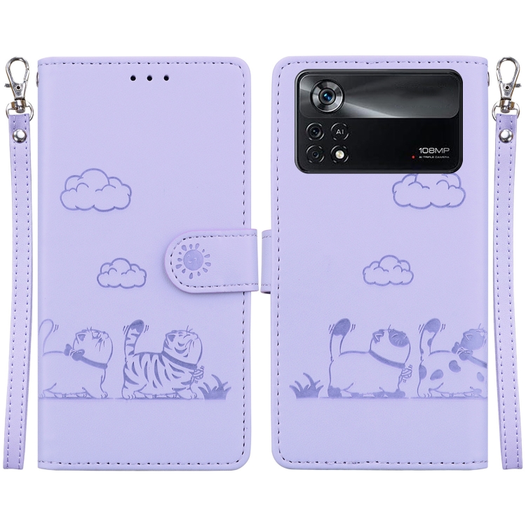 

For Xiaomi Poco X4 Pro 5G Cute Cats RFID Leather Phone Case(Purple)