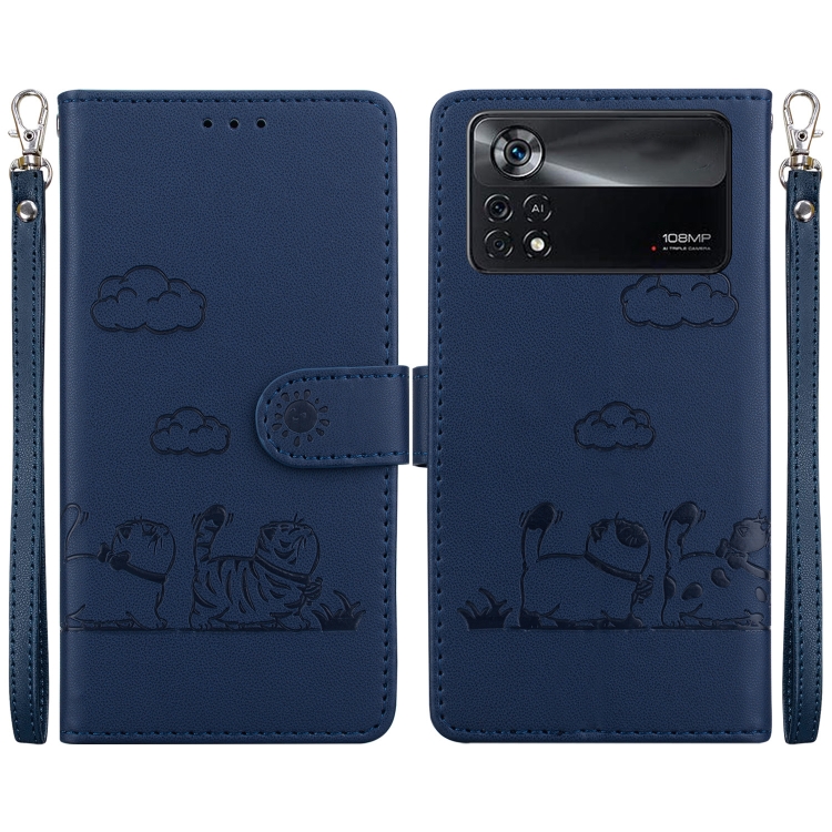 

For Xiaomi Poco X4 Pro 5G Cute Cats RFID Leather Phone Case(Blue)