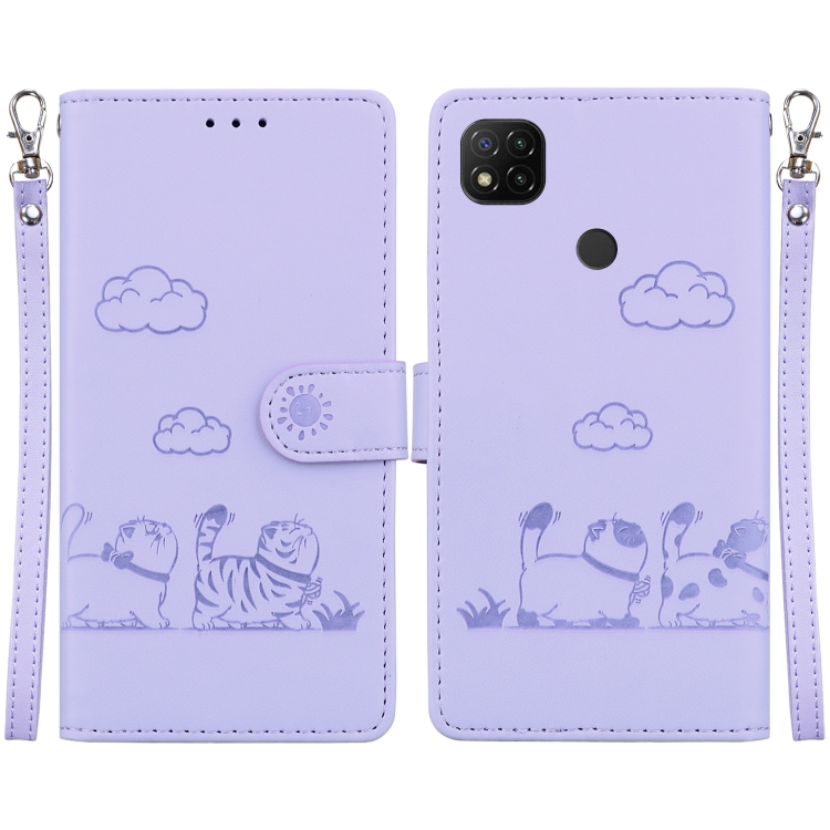 

For Xiaomi Poco C31 Cute Cats RFID Leather Phone Case(Purple)