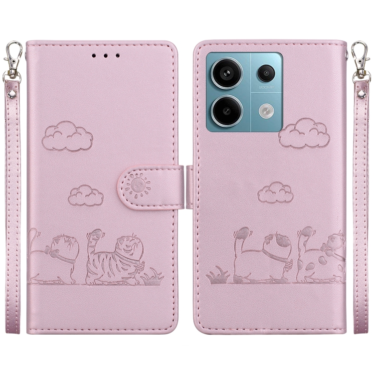 

For Xiaomi Poco X6 5G Global Cute Cats RFID Leather Phone Case(Rose Gold)