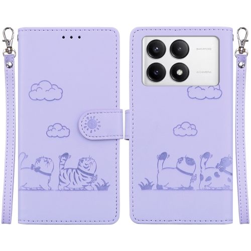 

For Xiaomi Poco F6 Pro Cute Cats RFID Leather Phone Case(Purple)