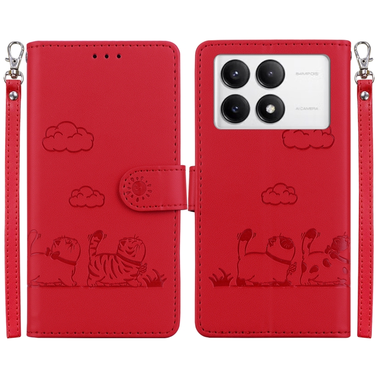

For Xiaomi Poco F6 Pro Cute Cats RFID Leather Phone Case(Red)