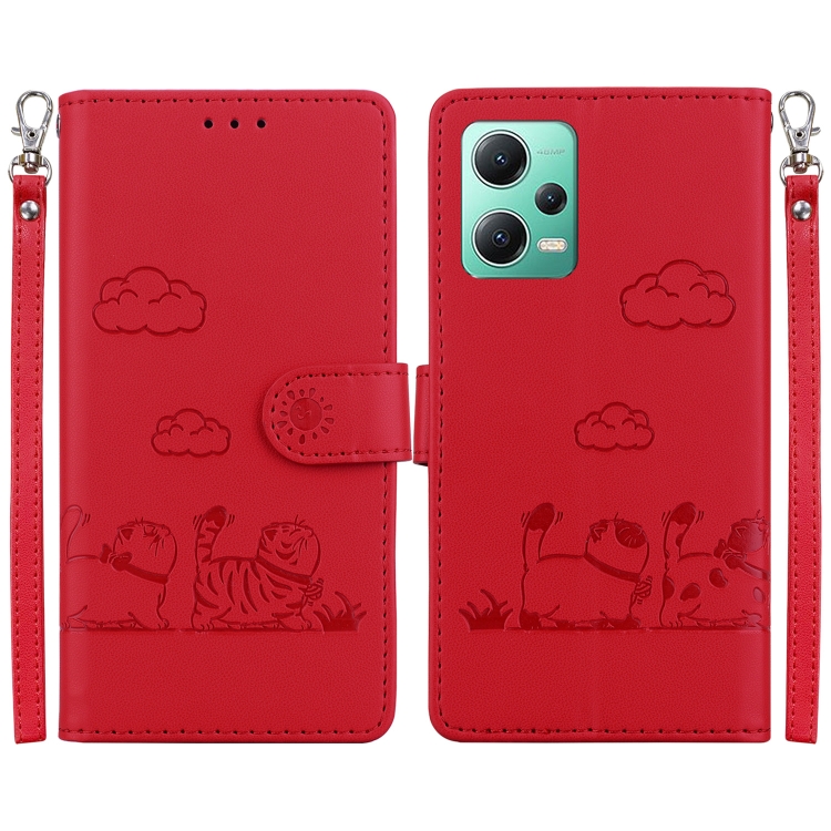 

For Xiaomi Poco X5 Cute Cats RFID Leather Phone Case(Red)