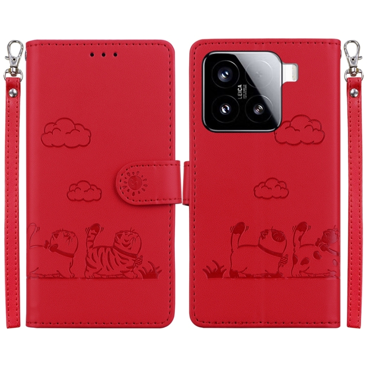 

For Xiaomi 15 Cute Cats RFID Leather Phone Case(Red)