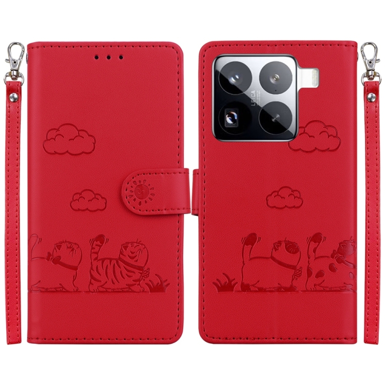 

For Xiaomi 15 Pro Cute Cats RFID Leather Phone Case(Red)