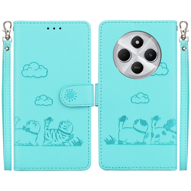 

For Redmi 14C 4G Cute Cats RFID Leather Phone Case(Green)