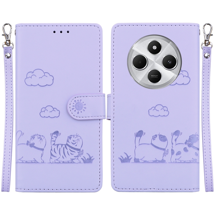 

For Redmi 14C 4G Cute Cats RFID Leather Phone Case(Purple)