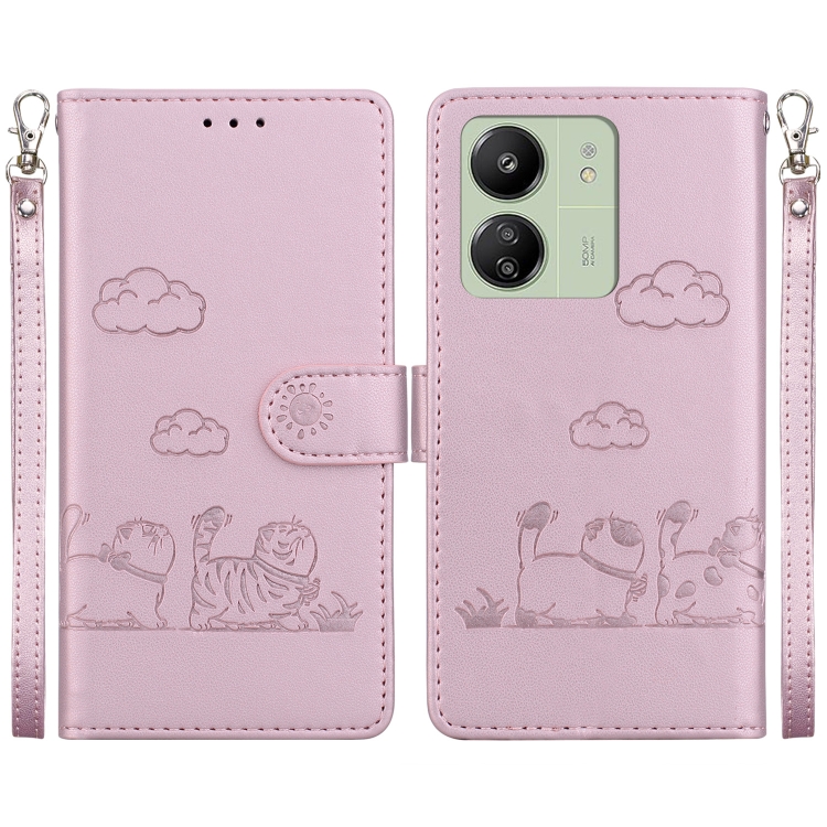 

For Redmi 13C 4G / 5G Cute Cats RFID Leather Phone Case(Rose Gold)