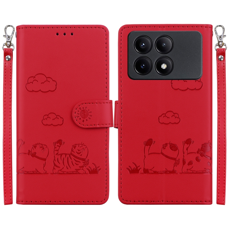 

For Redmi K70E Cute Cats RFID Leather Phone Case(Red)
