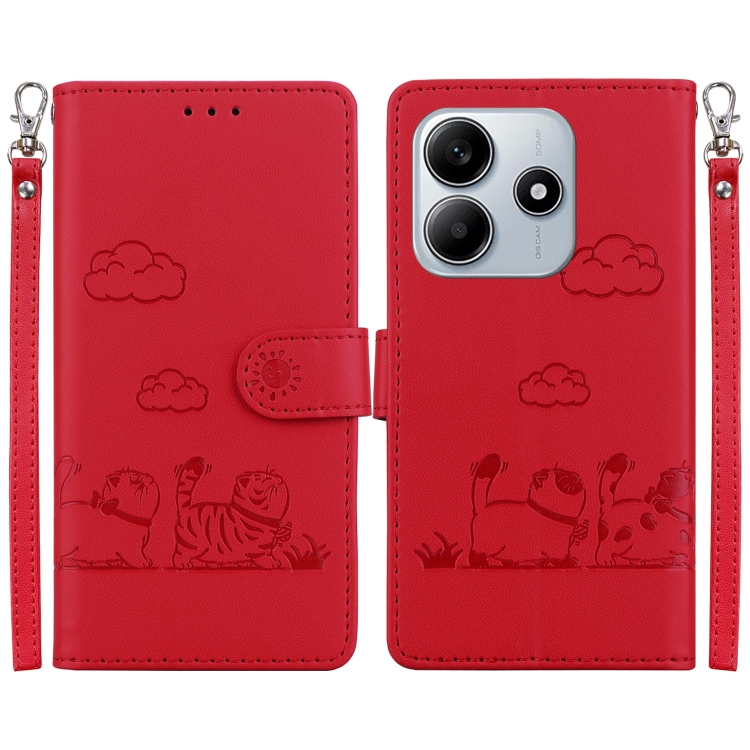 

For Redmi Note 14 5G Cute Cats RFID Leather Phone Case(Red)