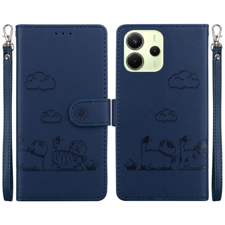 

For Redmi Note 14 4G 163.25mm Cute Cats RFID Leather Phone Case(Blue)