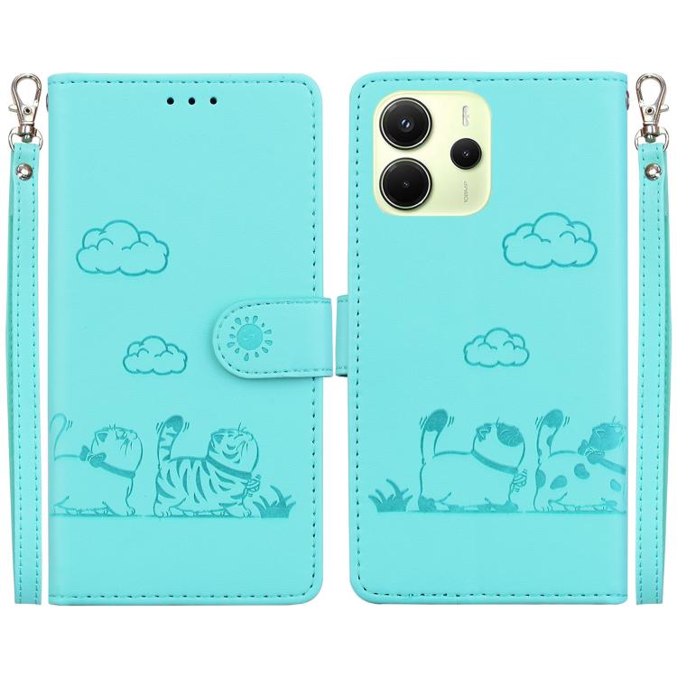 

For Redmi Note 14 4G 164.84mm Cute Cats RFID Leather Phone Case(Green)