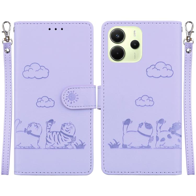 

For Redmi Note 14 4G 164.84mm Cute Cats RFID Leather Phone Case(Purple)