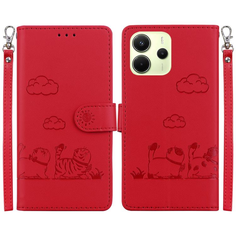 

For Redmi Note 14 4G 164.84mm Cute Cats RFID Leather Phone Case(Red)