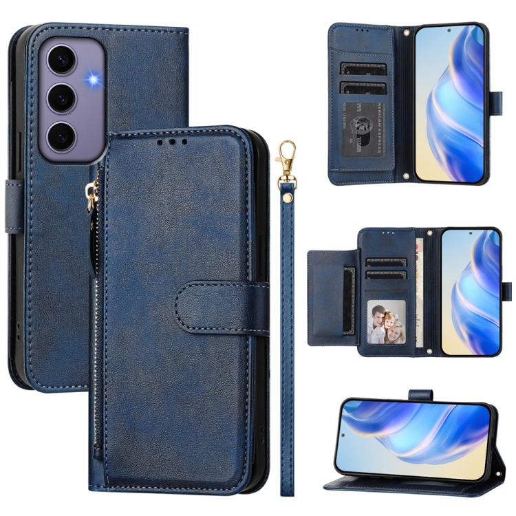 

For Samsung Galaxy S24 5G Multi-Card Slots Zipper Wallet Leather Phone Case(Blue)