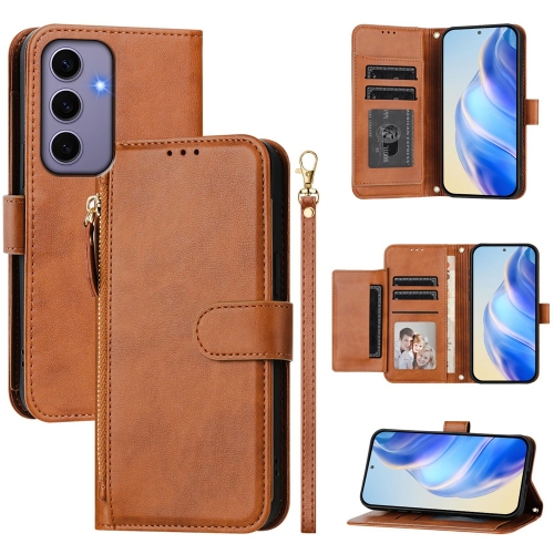 

For Samsung Galaxy S24 5G Multi-Card Slots Zipper Wallet Leather Phone Case(Brown)