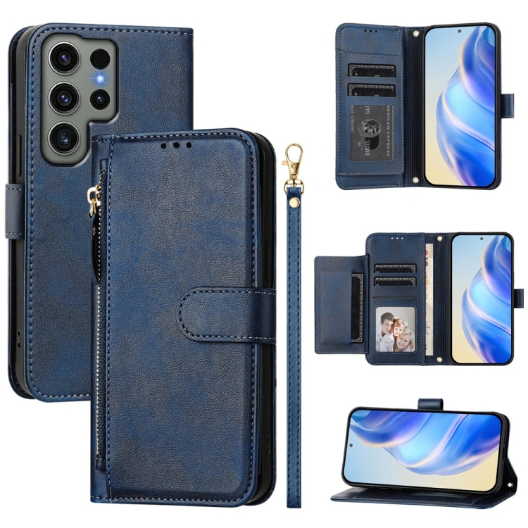 

For Samsung Galaxy S23 Ultra 5G Multi-Card Slots Zipper Wallet Leather Phone Case(Blue)