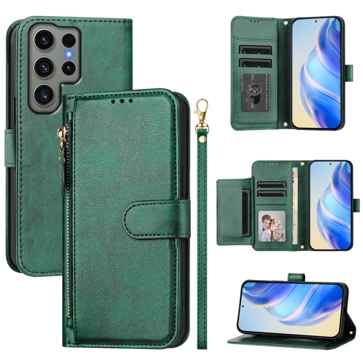 

For Samsung Galaxy S23 Ultra 5G Multi-Card Slots Zipper Wallet Leather Phone Case(Green)