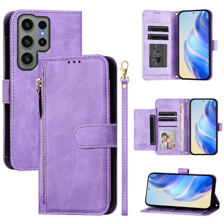 

For Samsung Galaxy S23 Ultra 5G Multi-Card Slots Zipper Wallet Leather Phone Case(Purple)
