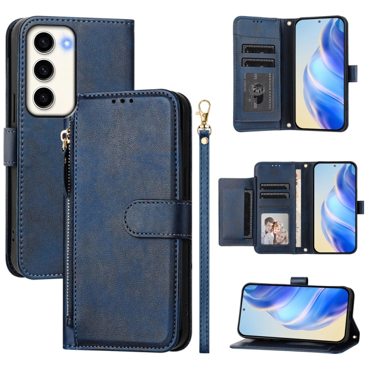 

For Samsung Galaxy S23 5G Multi-Card Slots Zipper Wallet Leather Phone Case(Blue)