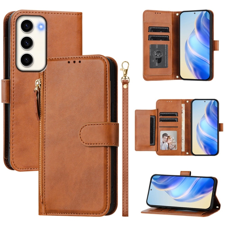 

For Samsung Galaxy S23 5G Multi-Card Slots Zipper Wallet Leather Phone Case(Brown)