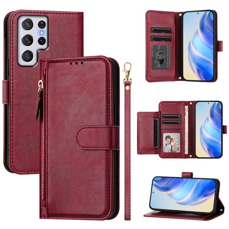 

For Samsung Galaxy S22 Ultra 5G Multi-Card Slots Zipper Wallet Leather Phone Case(Dark Red)