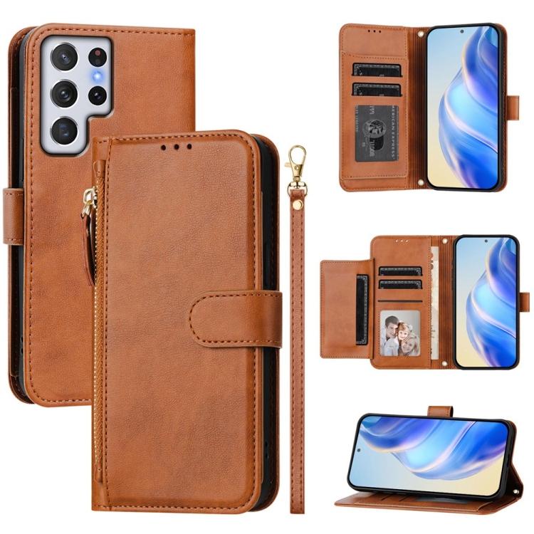 

For Galaxy S22 Ultra 5G Multi-Card Slots Zipper Wallet Leather Phone Case(Brown)