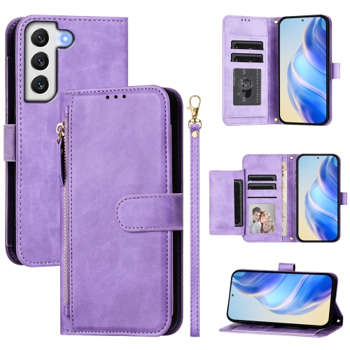 

For Samsung Galaxy S22+ 5G Multi-Card Slots Zipper Wallet Leather Phone Case(Purple)