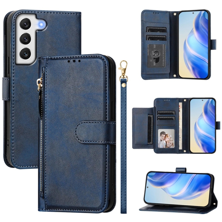 

For Samsung Galaxy S22 5G Multi-Card Slots Zipper Wallet Leather Phone Case(Blue)