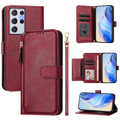 

For Samsung Galaxy S21 Ultra 5G Multi-Card Slots Zipper Wallet Leather Phone Case(Dark Red)