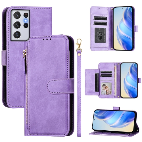 

For Samsung Galaxy S21 Ultra 5G Multi-Card Slots Zipper Wallet Leather Phone Case(Purple)