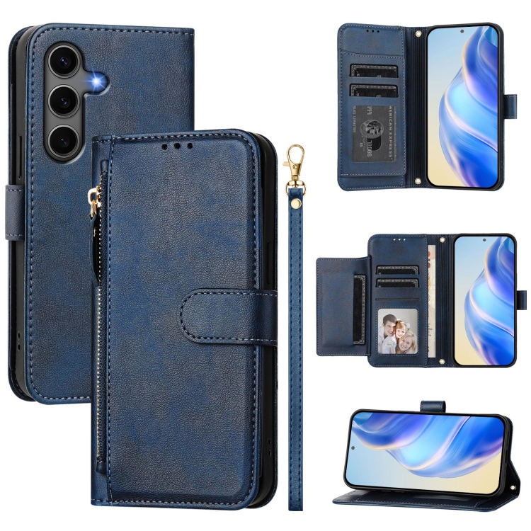 

For Samsung Galaxy S25+ 5G Multi-Card Slots Zipper Wallet Leather Phone Case(Blue)