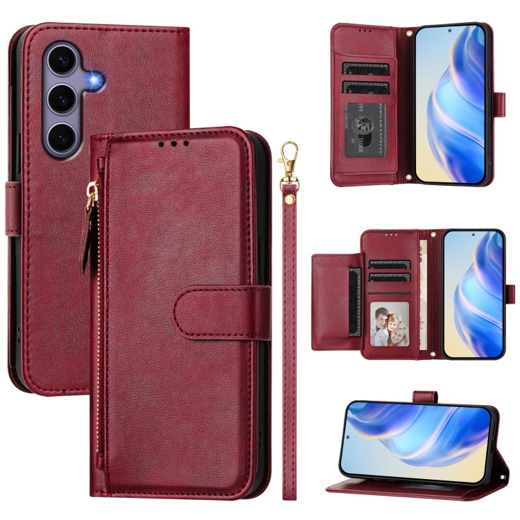 

For Samsung Galaxy S25 5G Multi-Card Slots Zipper Wallet Leather Phone Case(Dark Red)