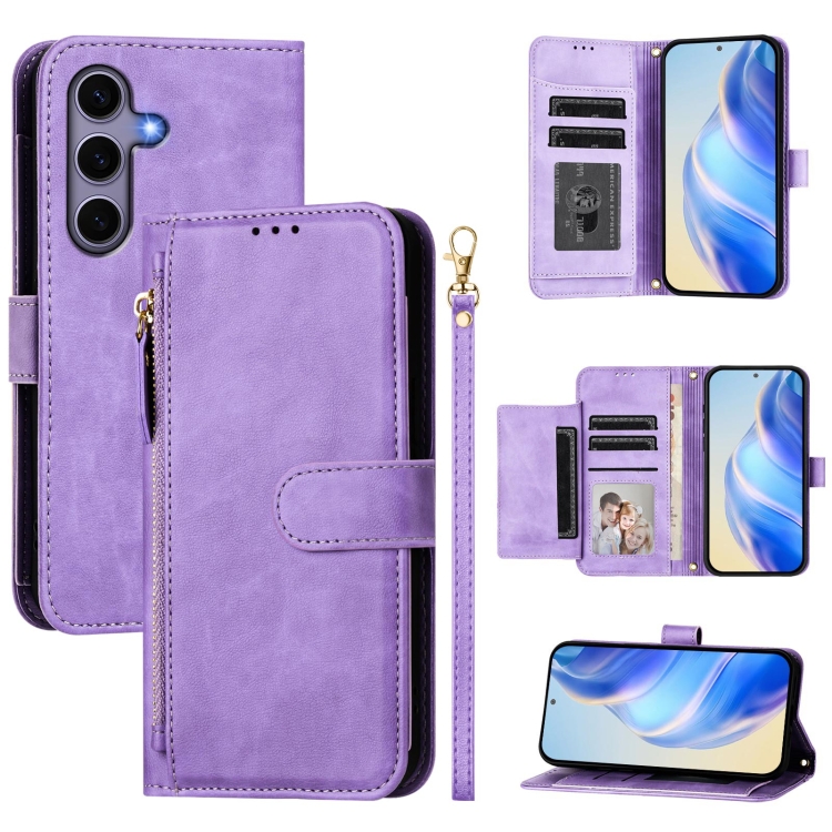 

For Samsung Galaxy S25 5G Multi-Card Slots Zipper Wallet Leather Phone Case(Purple)