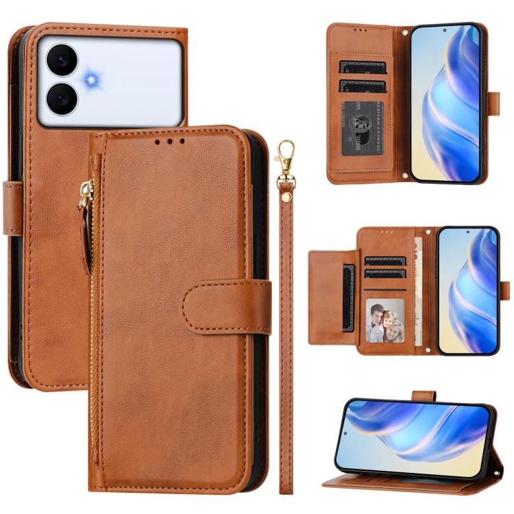 

For Samsung Galaxy S26 Edge 5G Multi-Card Slots Zipper Wallet Leather Phone Case(Brown)