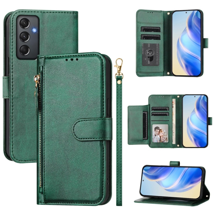 

For Samsung Galaxy A24 4G Global Multi-Card Slots Zipper Wallet Leather Phone Case(Green)