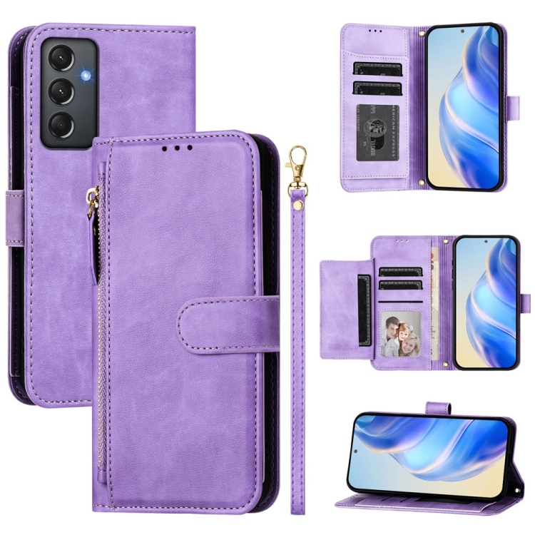 

For Samsung Galaxy A24 4G Global Multi-Card Slots Zipper Wallet Leather Phone Case(Purple)