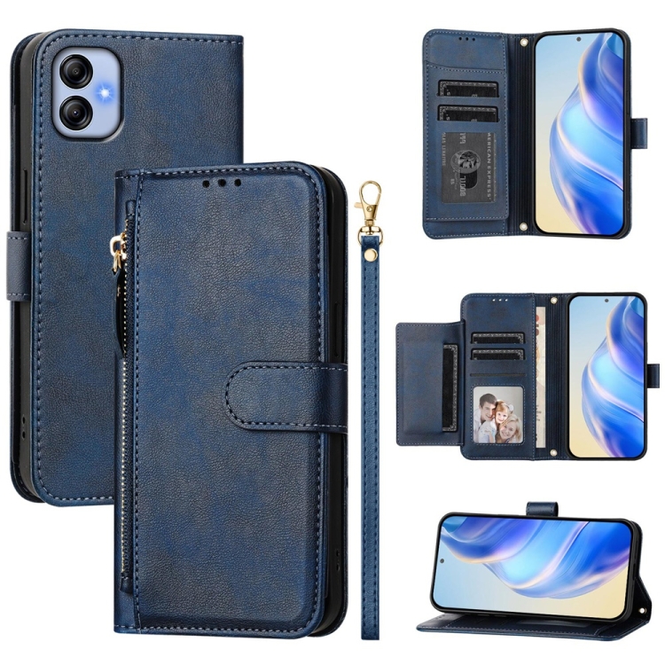

For Samsung Galaxy A04e / F04 / M04 Multi-Card Slots Zipper Wallet Leather Phone Case(Blue)