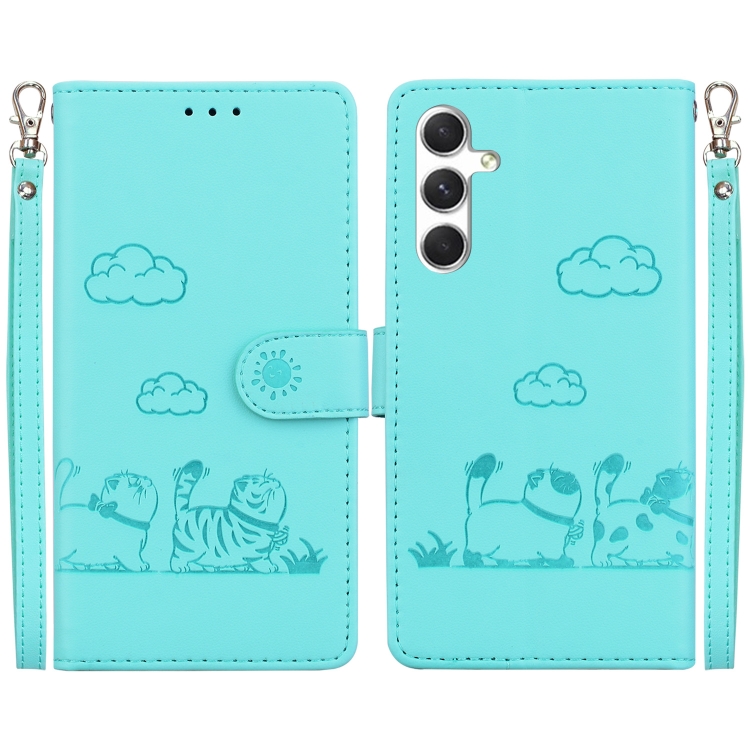 

For Samsung Galaxy S24 5G Cute Cats RFID Leather Phone Case(Green)