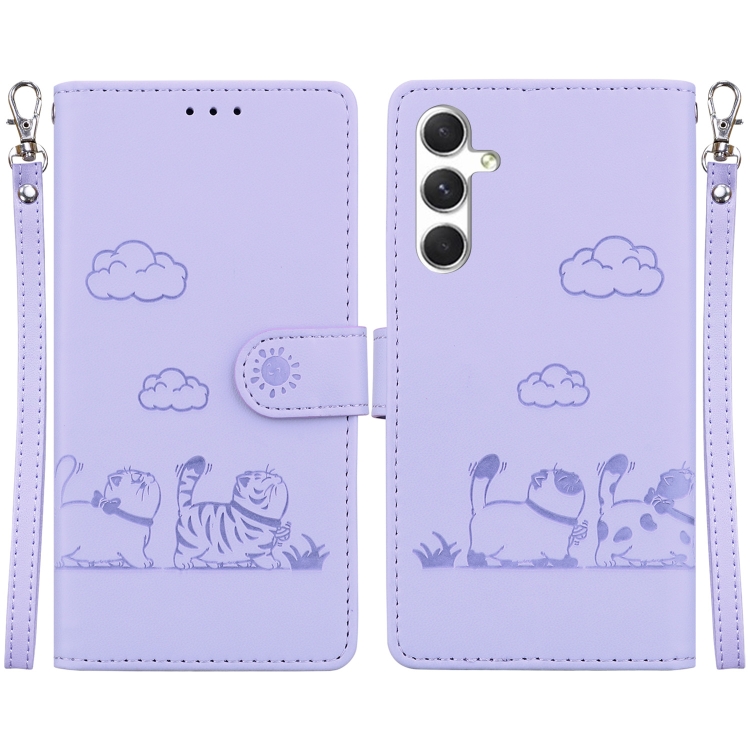 

For Samsung Galaxy S24+ 5G Cute Cats RFID Leather Phone Case(Purple)