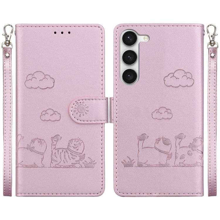

For Samsung Galaxy S23 5G Cute Cats RFID Leather Phone Case(Rose Gold)