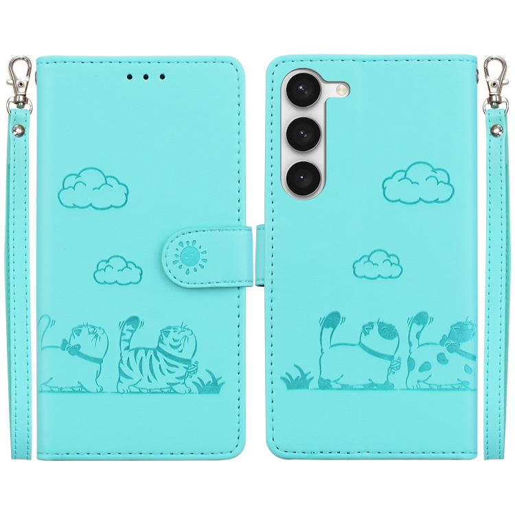 

For Samsung Galaxy S23 5G Cute Cats RFID Leather Phone Case(Green)