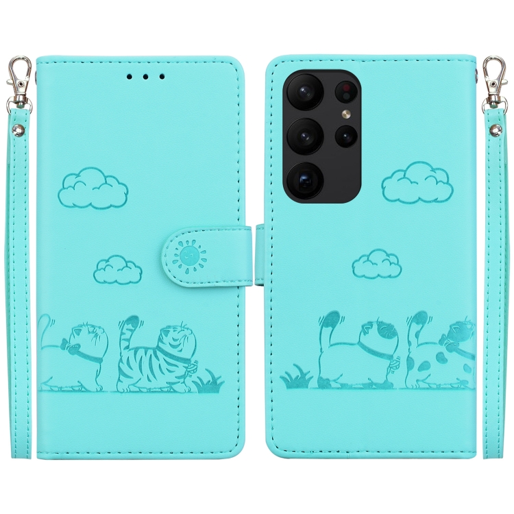 

For Samsung Galaxy S23 Ultra 5G Cute Cats RFID Leather Phone Case(Green)